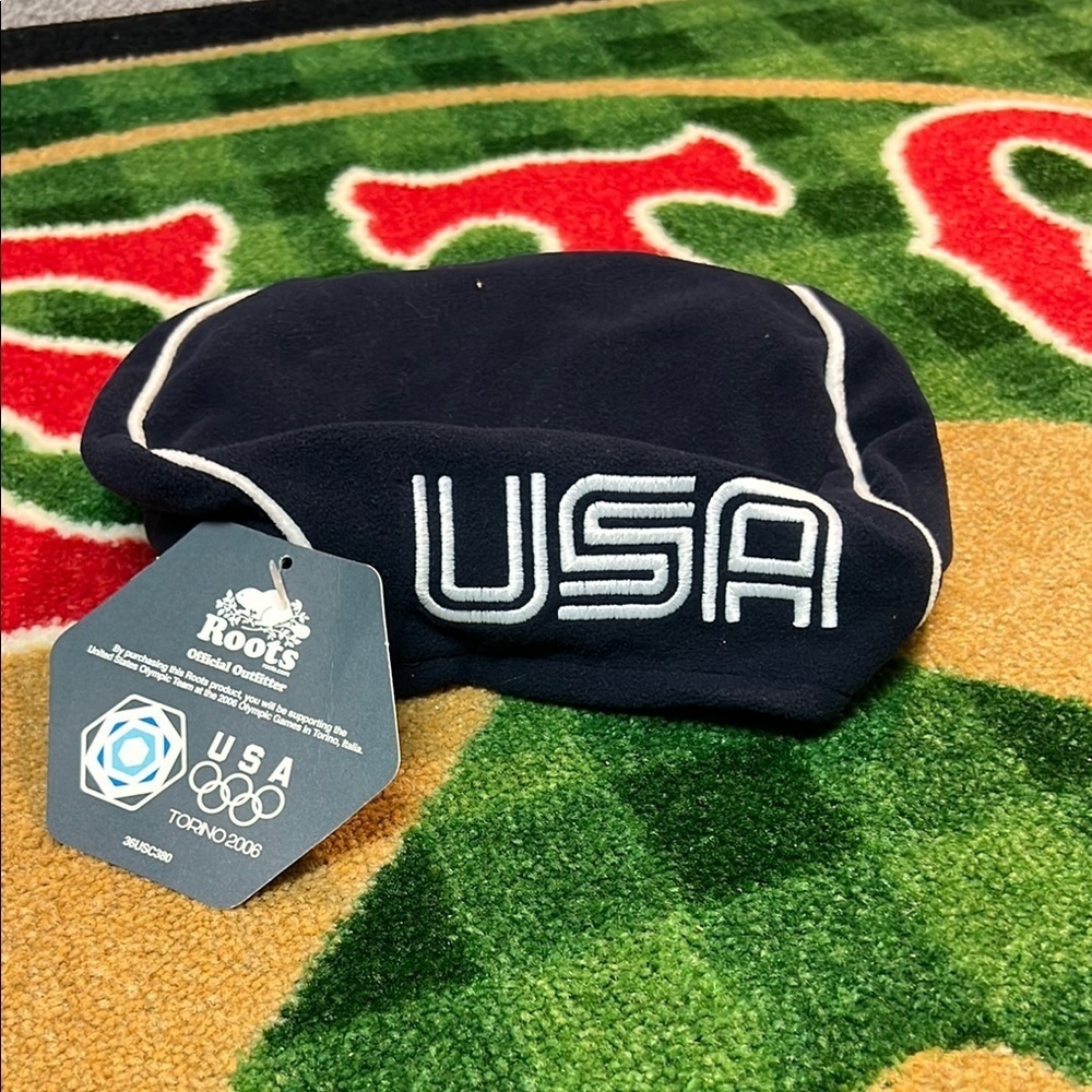 2006 Roots USA Winter Olympics Beret L/XL Fleece Hat Beanie Torino Italy Blue